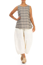 Sleeveless Greige Check Linen Blouse 4