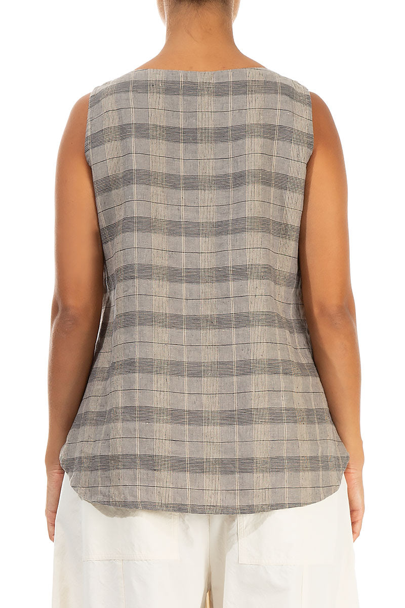 Sleeveless Greige Check Linen Blouse 2
