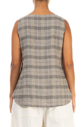 Sleeveless Greige Check Linen Blouse 2