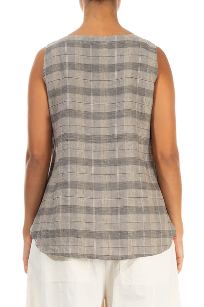 Sleeveless Greige Check Linen Blouse 2