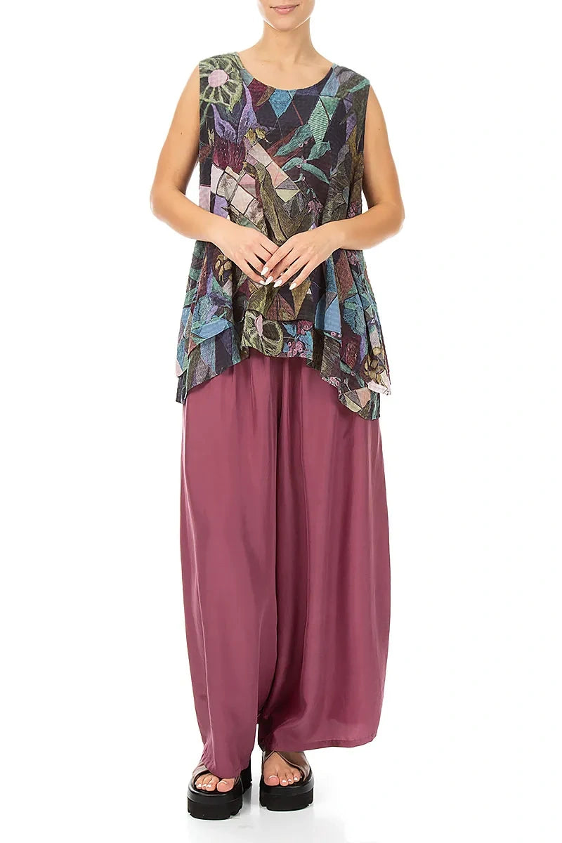 Chemisier sans manches en soie texturée à motif mosaïque artistique superposée