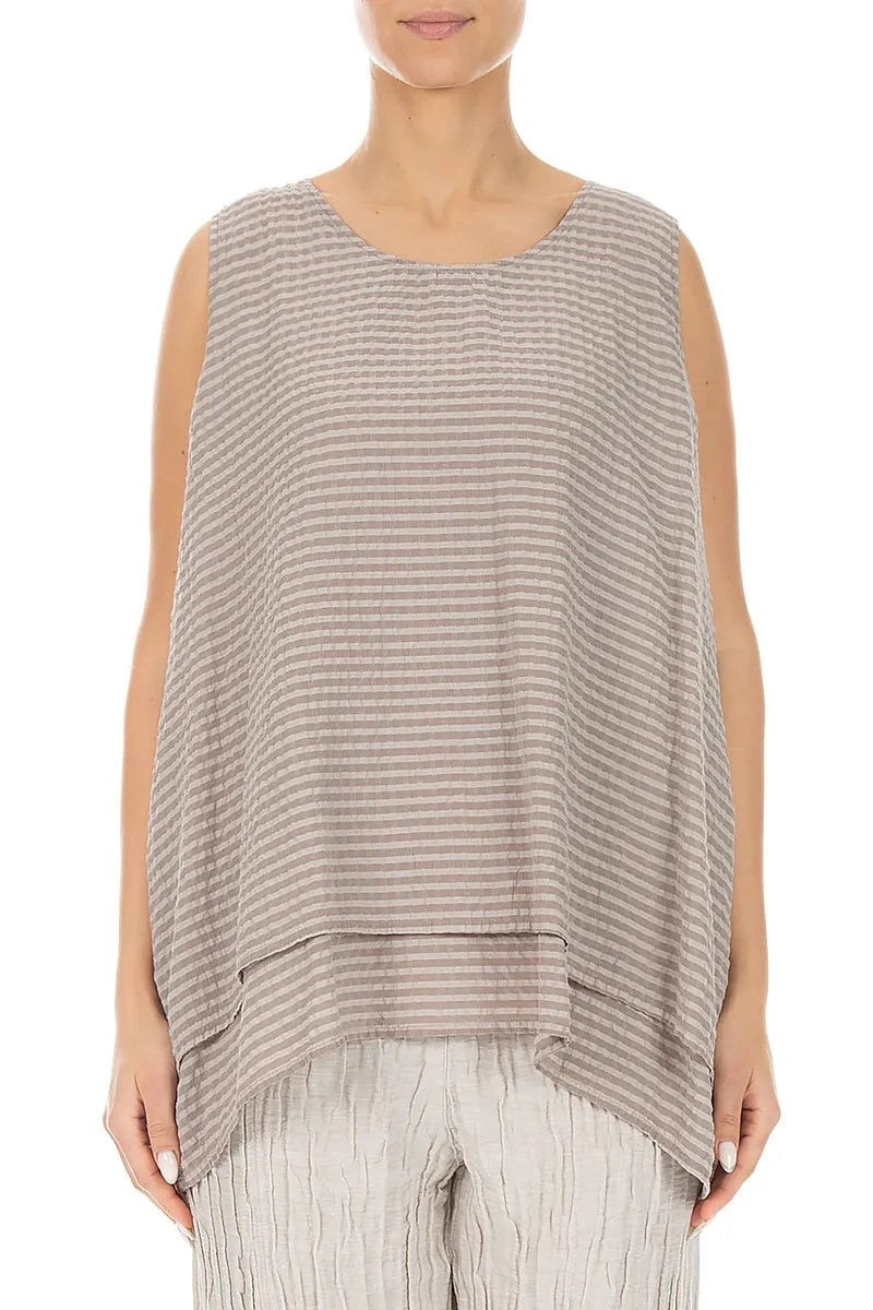 Sleeveless Layered Beige Textured Silk Blouse 1
