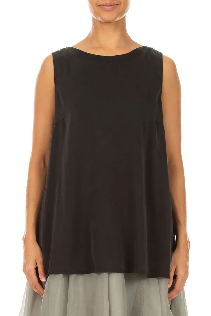 Sleeveless Longer Back Black Silk Top