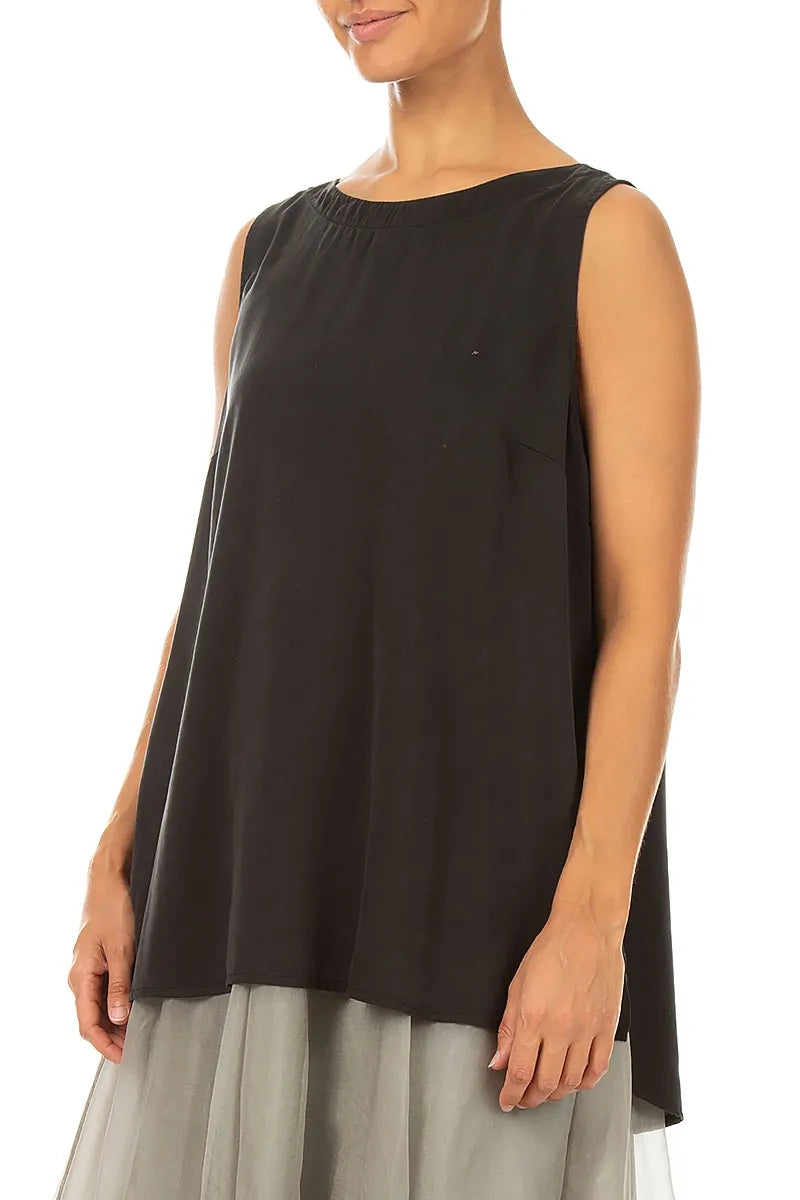 Sleeveless Longer Back Black Silk Top