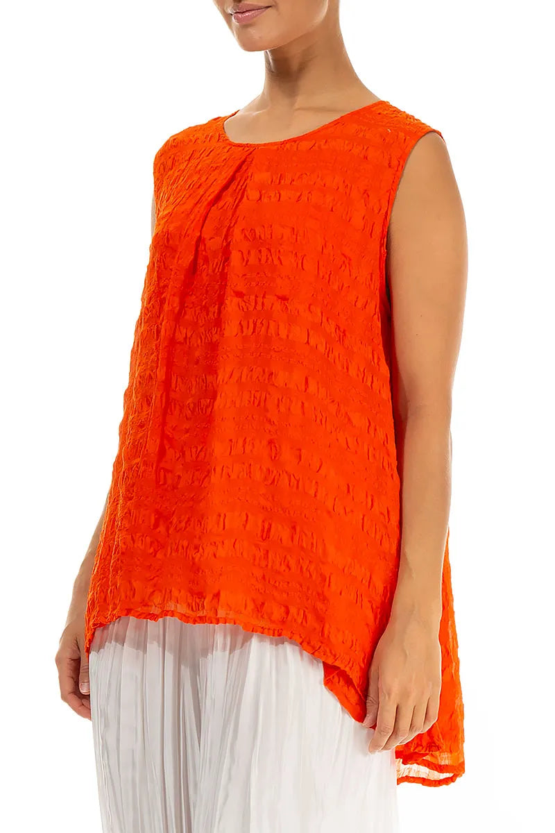 Sleeveless Longer Back Flame Orange Light Silk Blouse 4