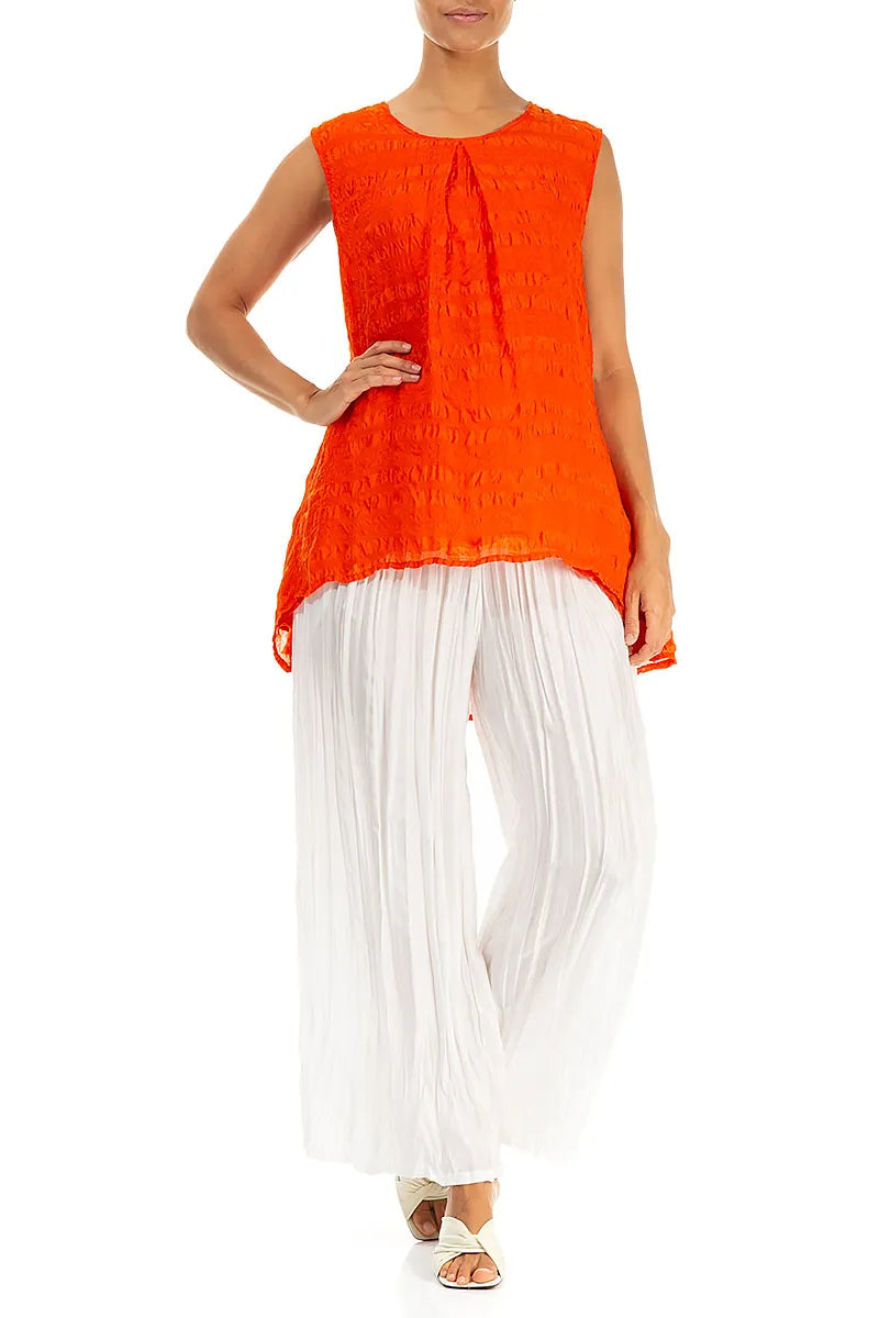 Sleeveless Longer Back Flame Orange Light Silk Blouse 5