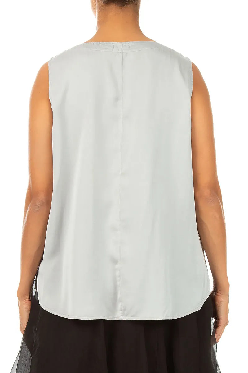 Sleeveless Longer Back Olive Grey Silk Top 2