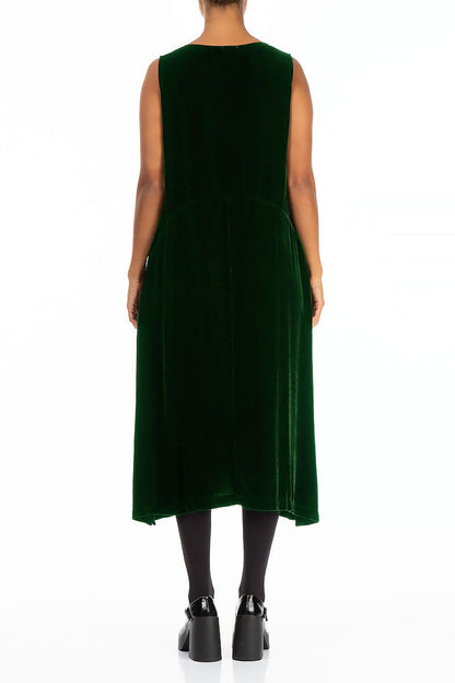 Sleeveless Pine Green Silk Velvet Shift Dress 2