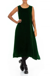 Sleeveless Pine Green Silk Velvet Shift Dress 4