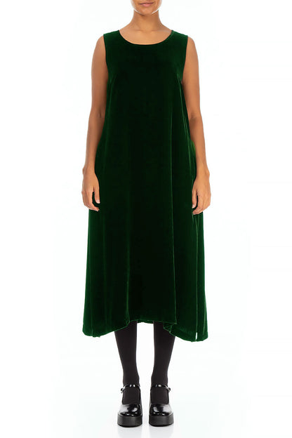 Sleeveless Pine Green Silk Velvet Shift Dress 1