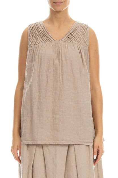 Ärmelloses plissiertes Leinen-Top in Beige
