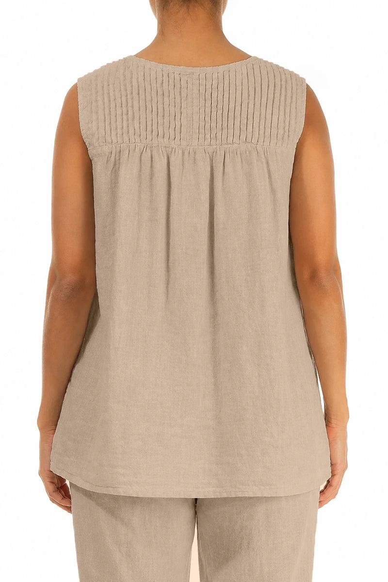 Ärmelloses plissiertes Leinen-Top in Beige