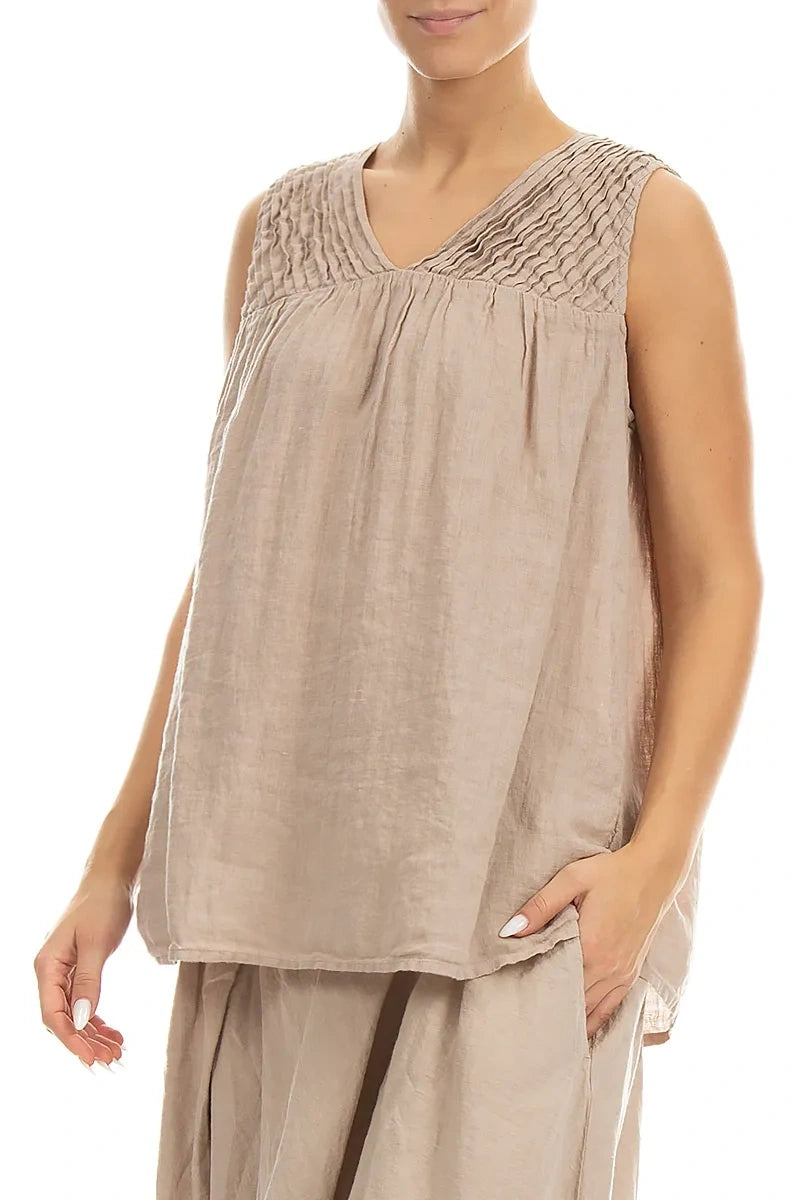 Ärmelloses plissiertes Leinen-Top in Beige