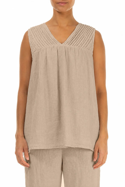 Sleeveless Pleated Beige Linen Top 1