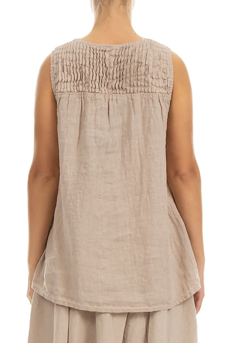 Sleeveless Pleated Beige Linen Top 2