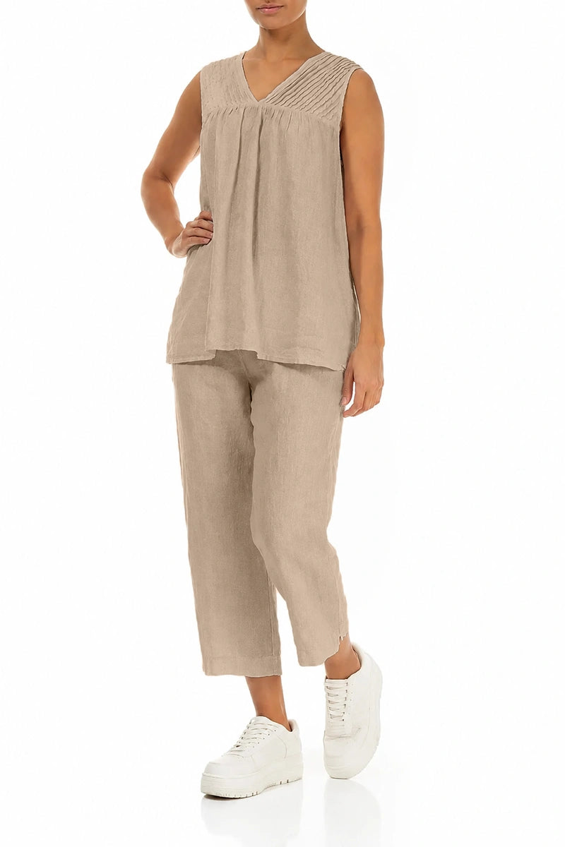 Sleeveless Pleated Beige Linen Top 4
