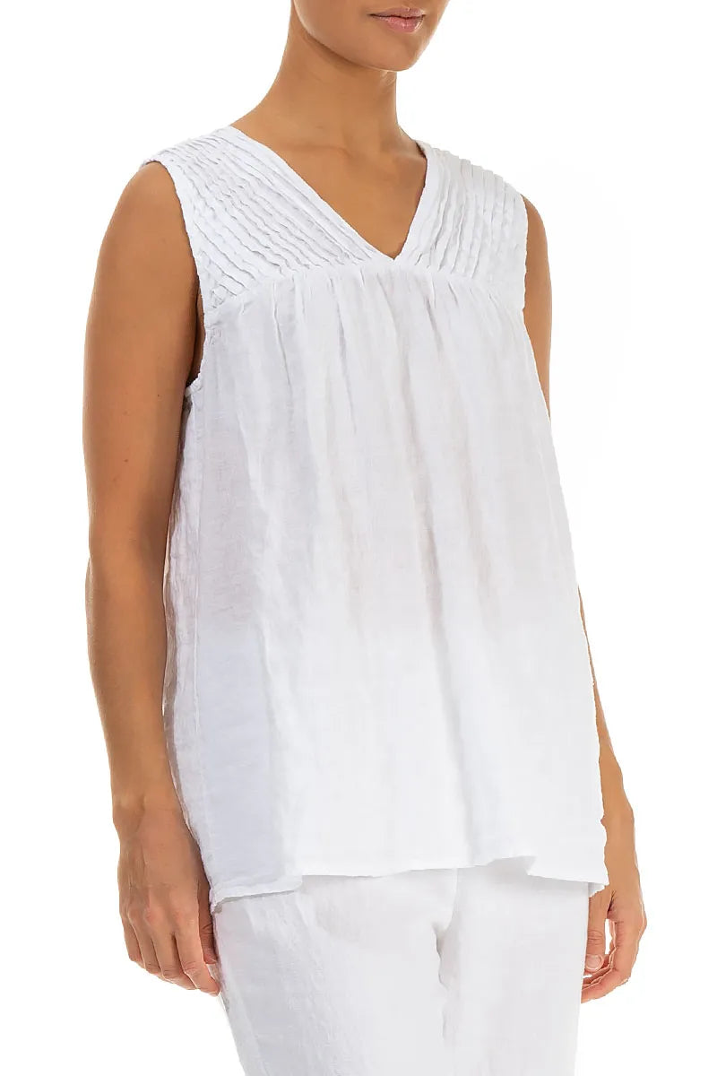 Sleeveless Pleated White Linen Top 3