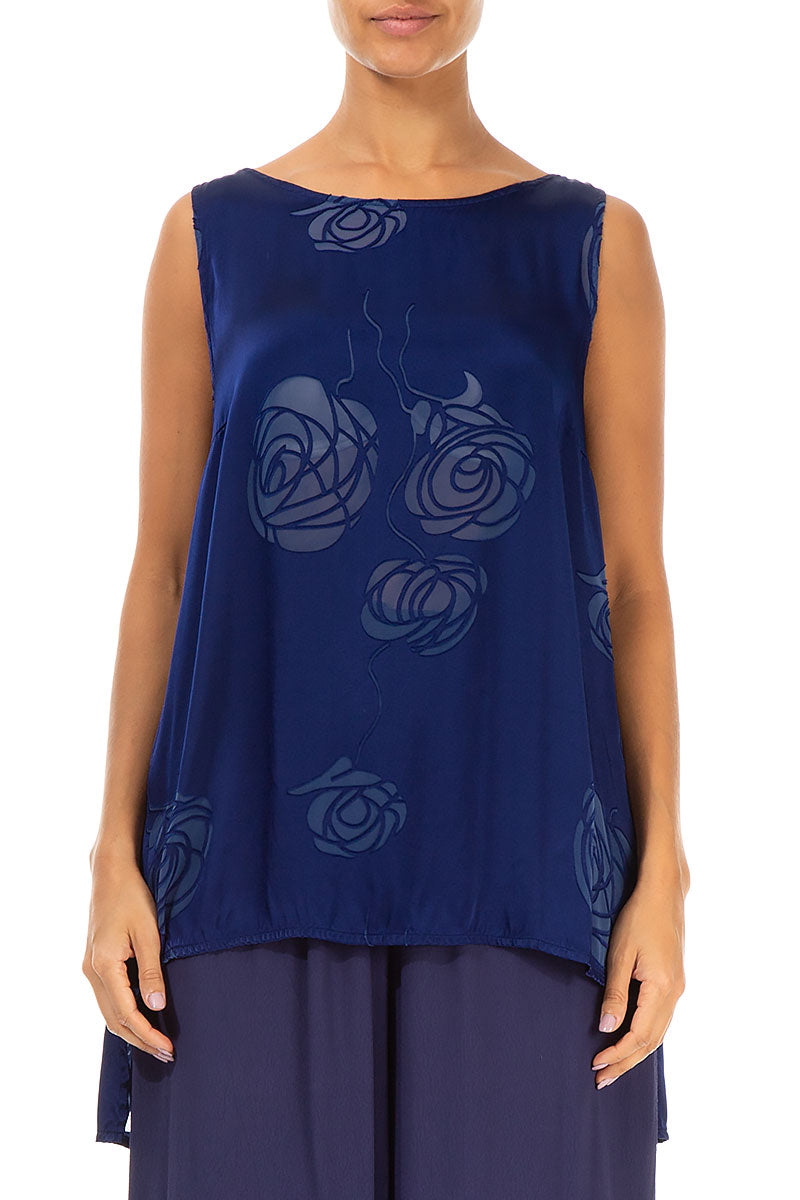 Sleeveless Roses Cobalt Blue Silk Top 1