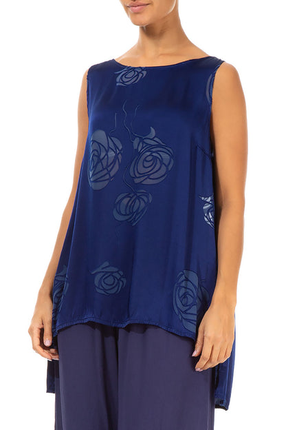 Sleeveless Roses Cobalt Blue Silk Top 3