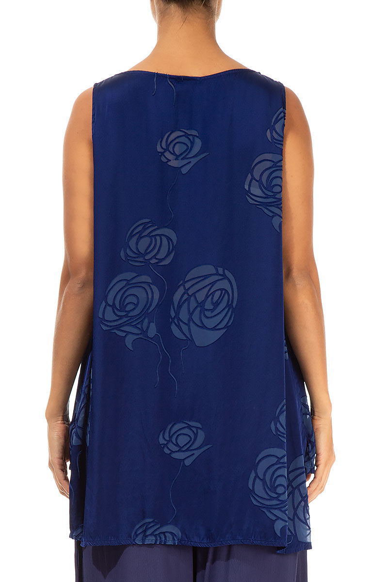 Sleeveless Roses Cobalt Blue Silk Top 2