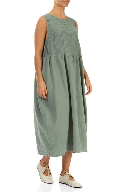 Ärmelloses Leinenkleid Sage Pintuck