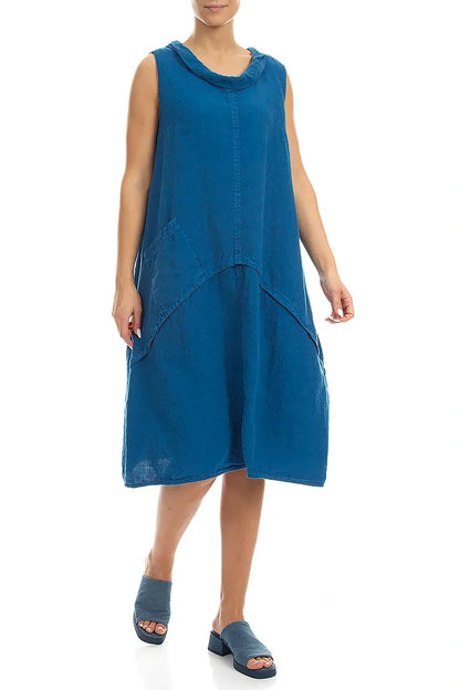 Sleeveless Sculpted Cobalt Blue Linen Dress 3