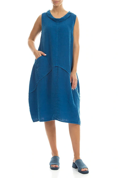 Sleeveless Sculpted Cobalt Blue Linen Dress 4