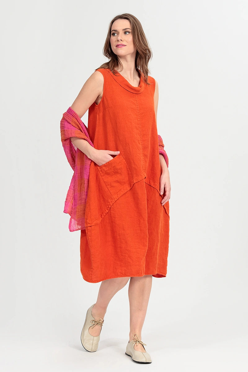 Sleeveless Sculpted Flame Orange Linen Dress 1
