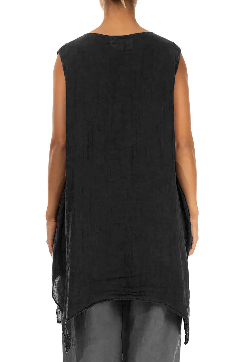 Sleeveless Single Pocket Black Gauze Linen Tunic 2