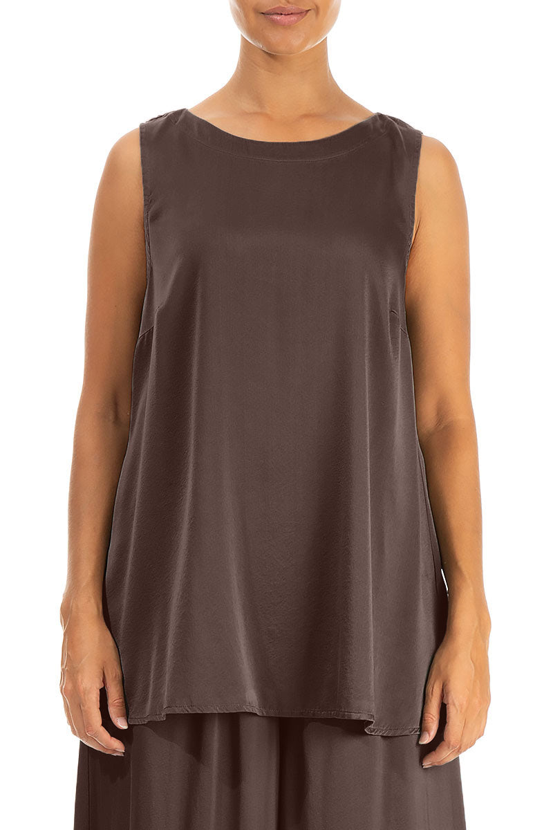 Sleeveless Truffle Brown Silk Top