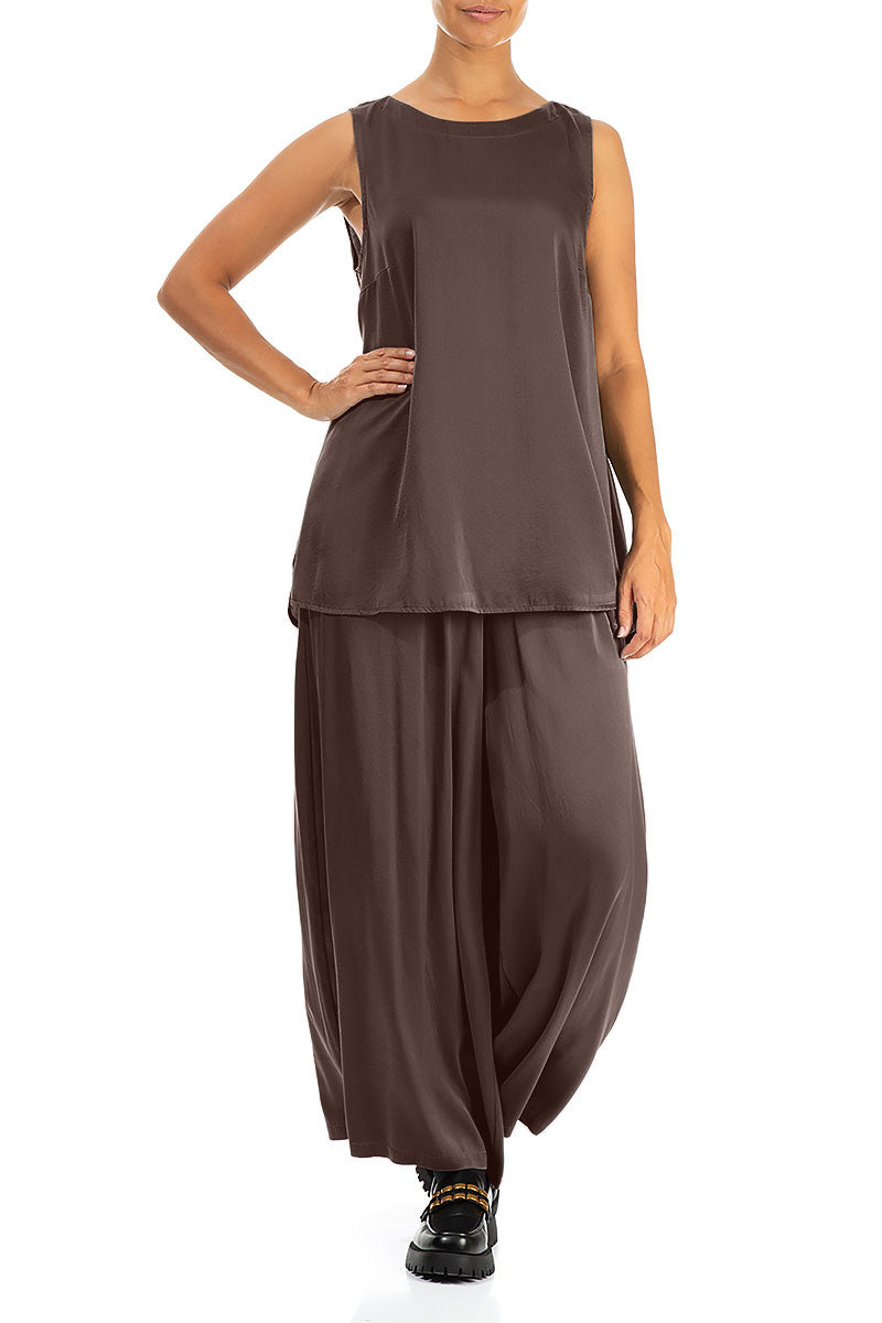 Sleeveless Truffle Brown Silk Top