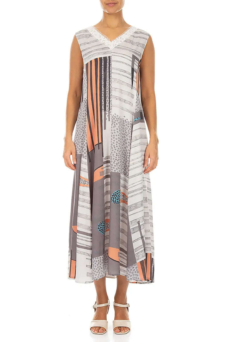 Sleeveless V-Neck Modern Print Silk Dress 1