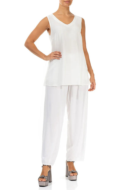 Sleeveless V-Neck White Silk Bamboo Blouse 4