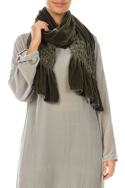 Smocked Olive Silk Velvet Scarf