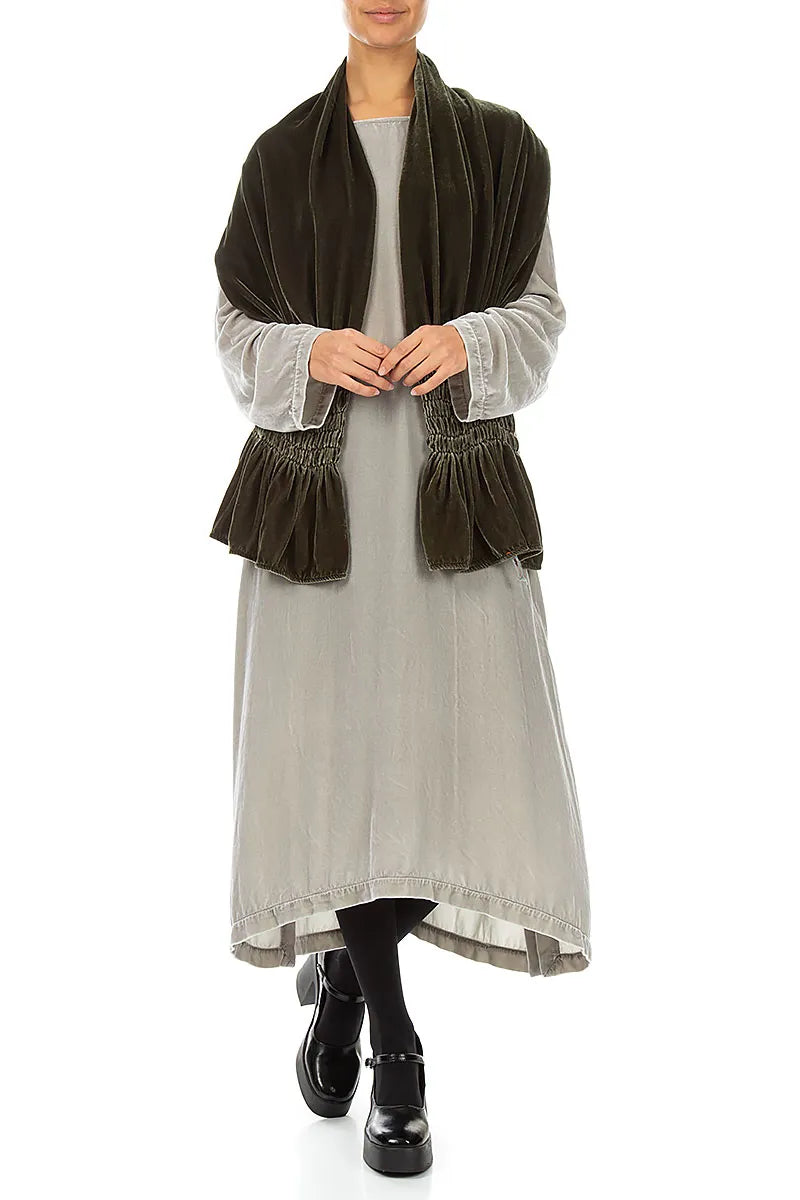 Smocked Olive Silk Velvet Scarf