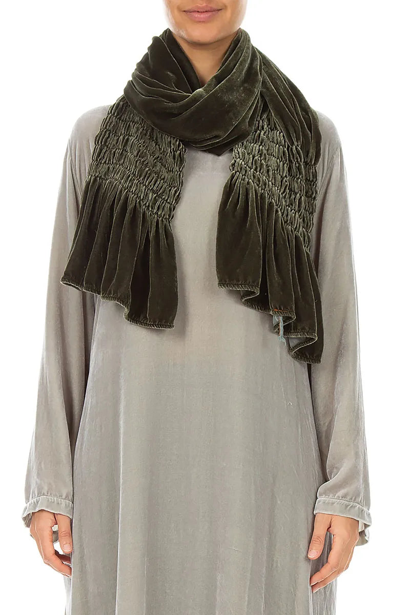 Smocked Olive Silk Velvet Scarf