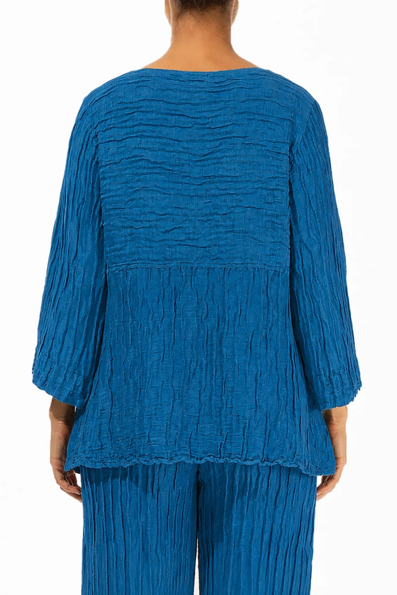 Zachtgevormde Kobaltblauwe Gerimpelde Zijde-Linnen Blouse