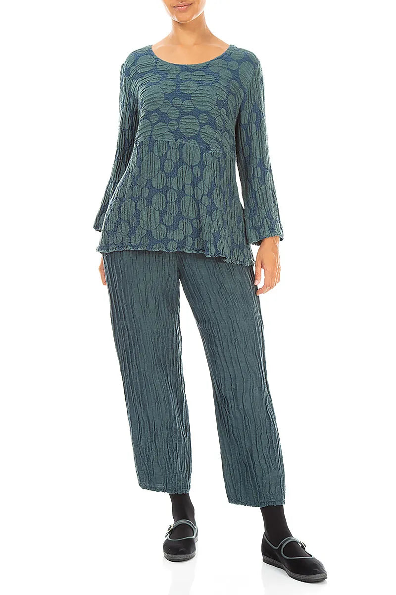 Soft-Shaped Deep Turquoise Circle Silk Linen Blouse