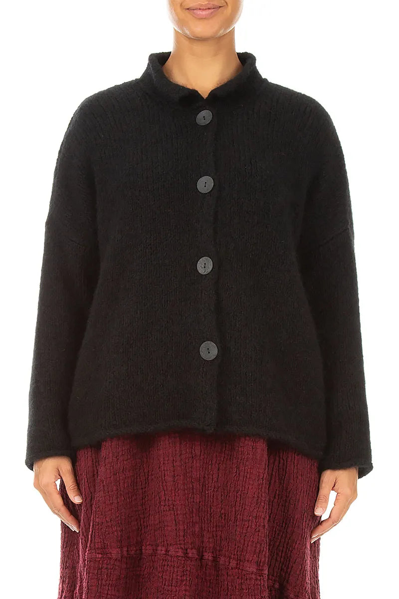 Soft Collar Black Cashmere Wool Cardigan