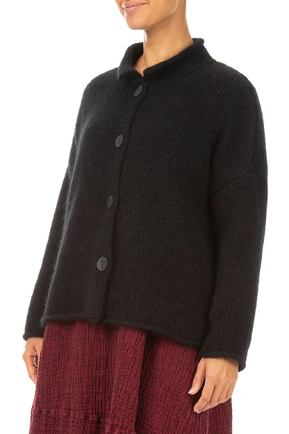 Soft Collar Black Cashmere Wool Cardigan