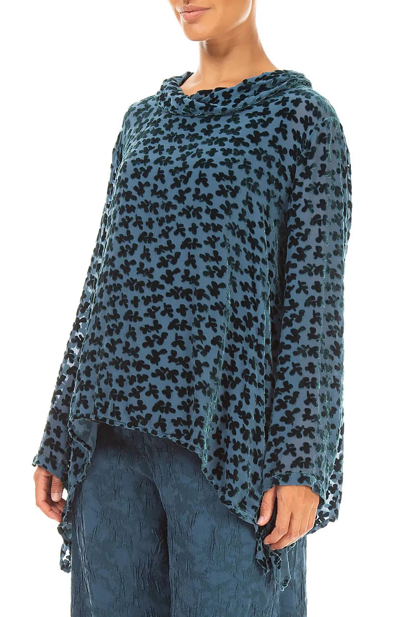 Soft Cowl Devoré Petals Deep Turquoise Silk Velvet Blouse 3