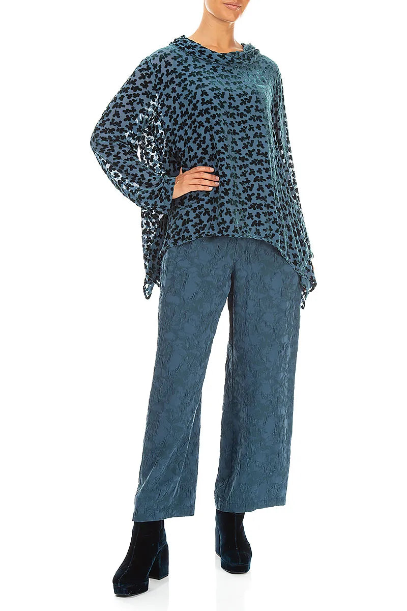 Soft Cowl Devoré Petals Deep Turquoise Silk Velvet Blouse 4