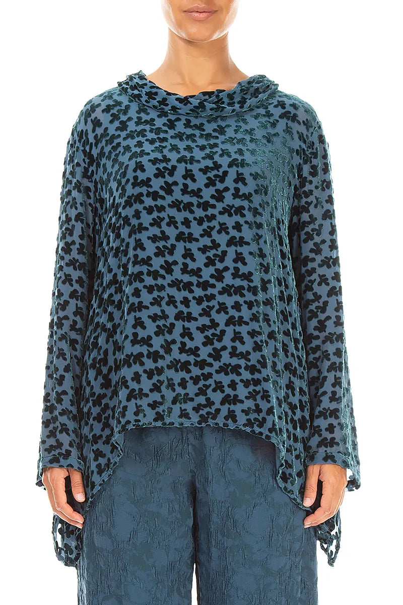 Soft Cowl Devoré Petals Deep Turquoise Silk Velvet Blouse
