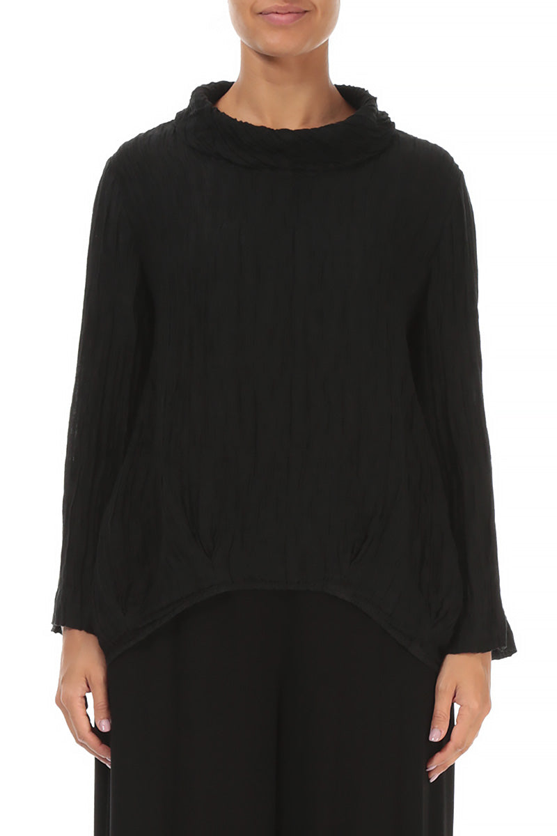 Soft Cowl Neck Crinkled Black Silk Blouse 1