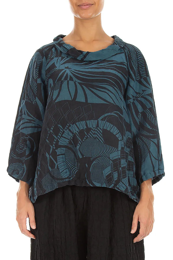 Soft Cowl Neck Deep Turquoise Orbit Textured Silk Blouse 1