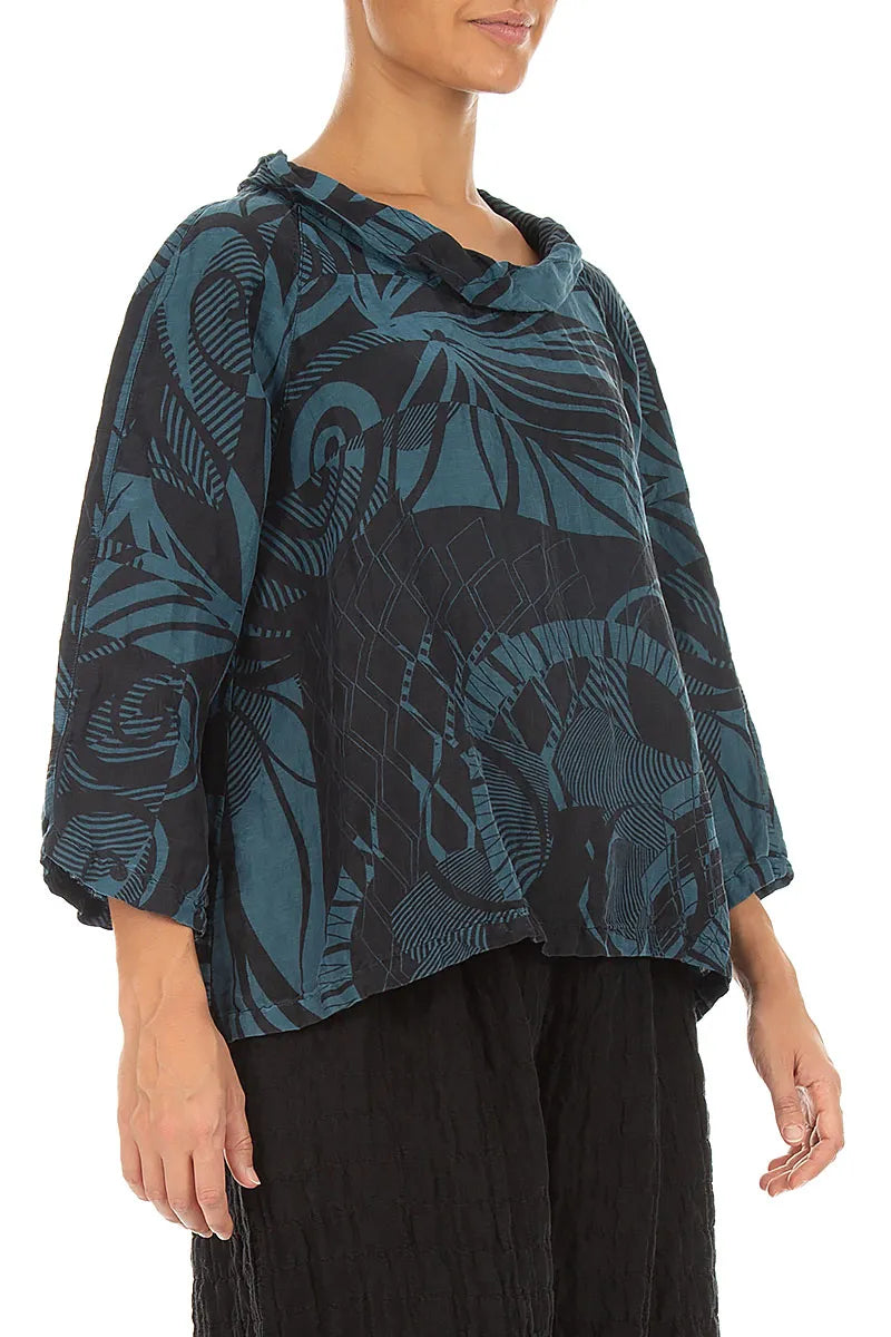 Soft Cowl Neck Deep Turquoise Orbit Textured Silk Blouse 3