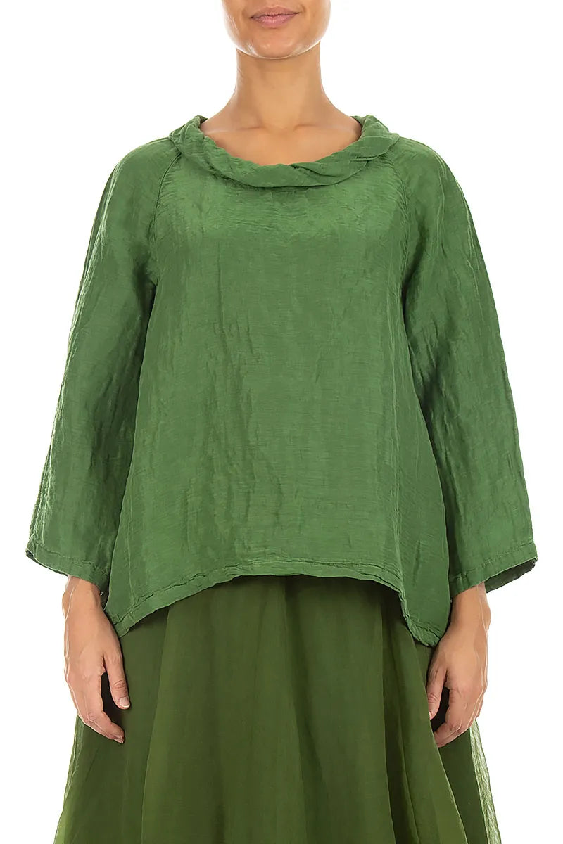 Soft Cowl Neck Shamrock Green Textured Silk Blouse