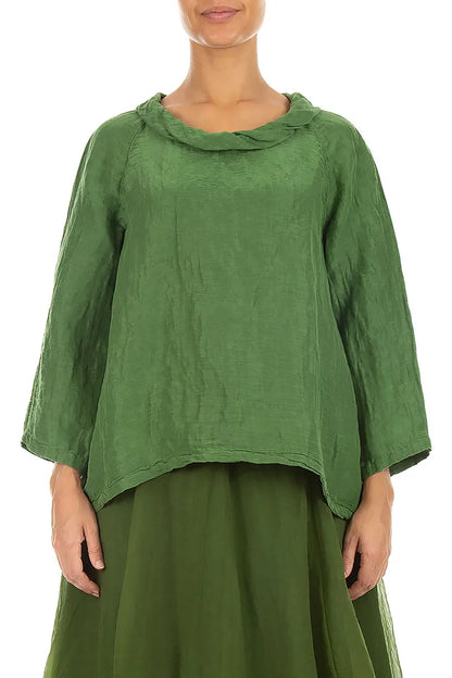 Soft Cowl Neck Shamrock Green Textured Silk Blouse