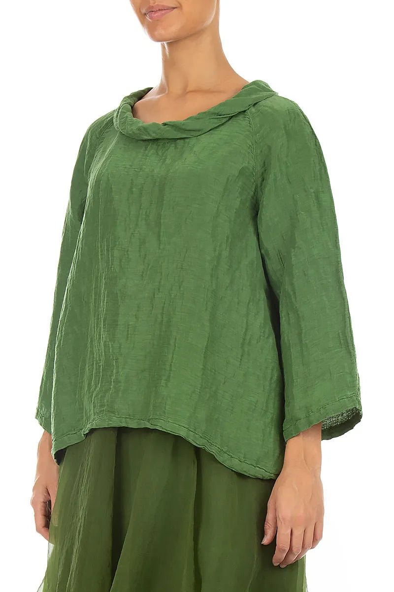 Soft Cowl Neck Shamrock Green Textured Silk Blouse