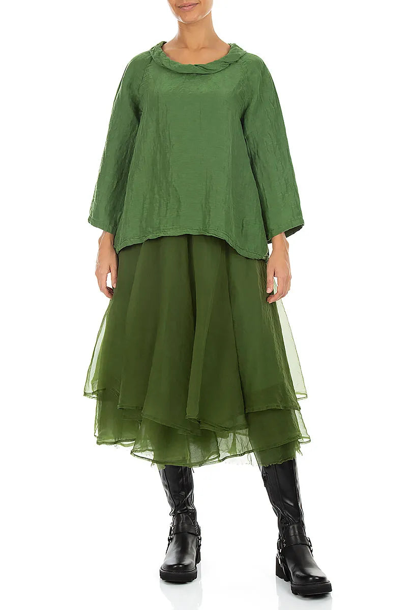 Soft Cowl Neck Shamrock Green Textured Silk Blouse